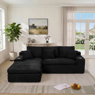 98"Modular Sectional Cloud Sofa With 2 Cup Holders,Side Pockets,No Assembly Required Upholstered Corduroy Couch With L-Shaped Chaise,Deep Seat For Living Room