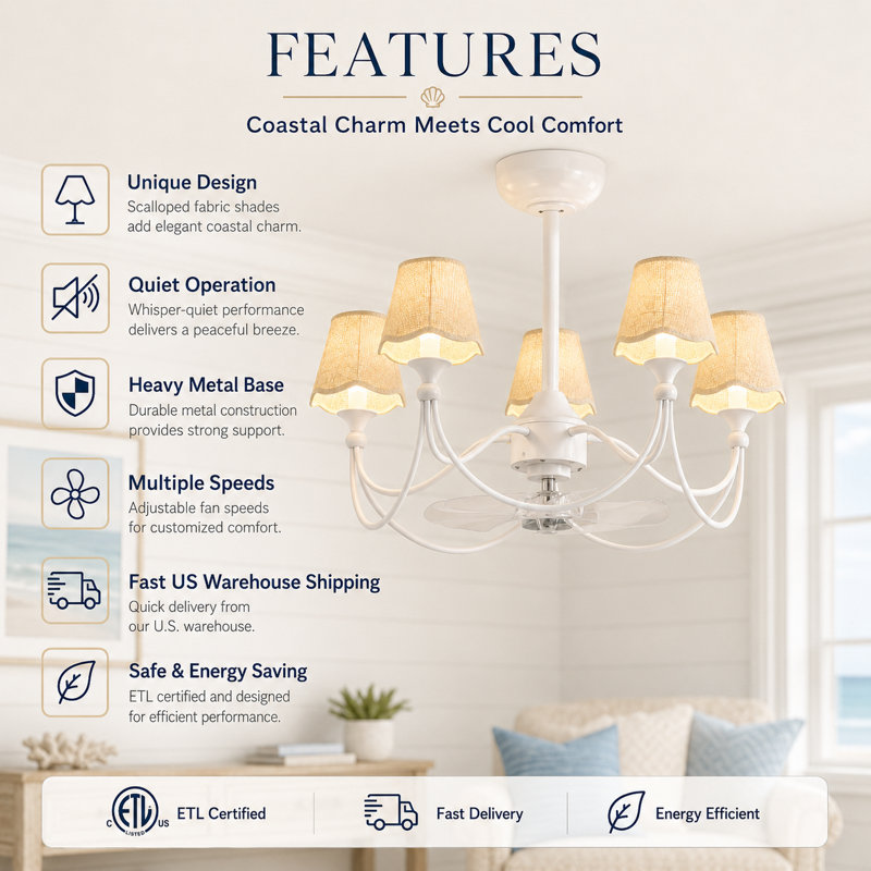 28" 5-Light Modern Remote Control Paint White With Beige Fabric Shade Fandelier Ceiling Fan With Lighting Kits For Living Room/Bedroom