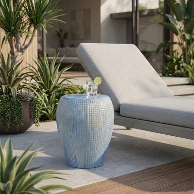 Ceramic Textured Garden Stool for Outdoor or Indoor Home Decor - Decorative Round Accent Stool for Living Room and Backyard Styling - 18", Blue