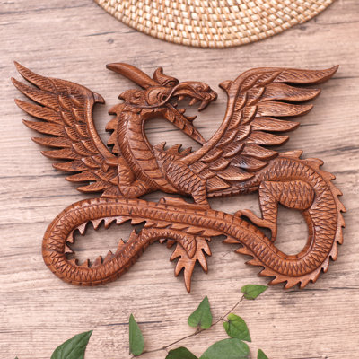 Décoration murale sculpture en bois Dragon volant