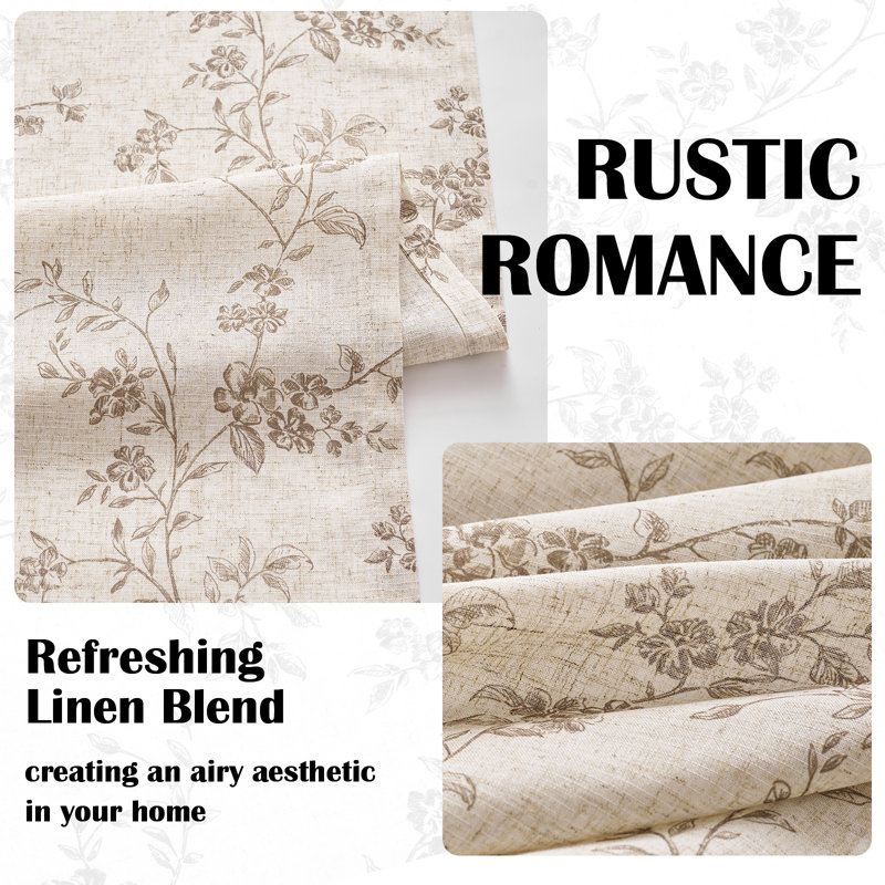 Semi Sheer Linen Blend French Floral Printed Rod Pocket Curtain Pair, 50" W x 84" L, Taupe