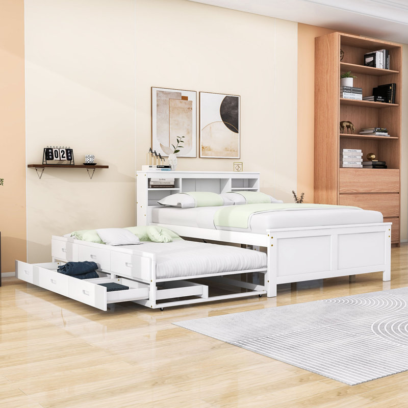 Willavene Platform Bed with Storage Headboard, USB, Twin Size Trundle and 3 Drawers, White, Full