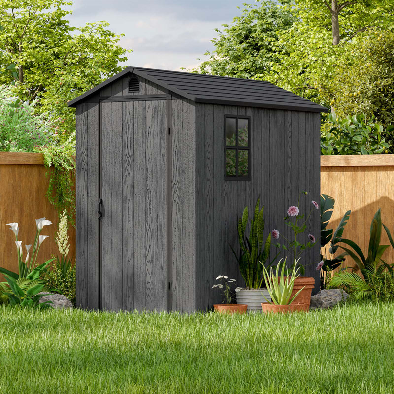 Plastic Storage Shed with Floor, Resin Shed with Window and Lockable Door, 4 Ft. W x 4 Ft. D, Dark Gray