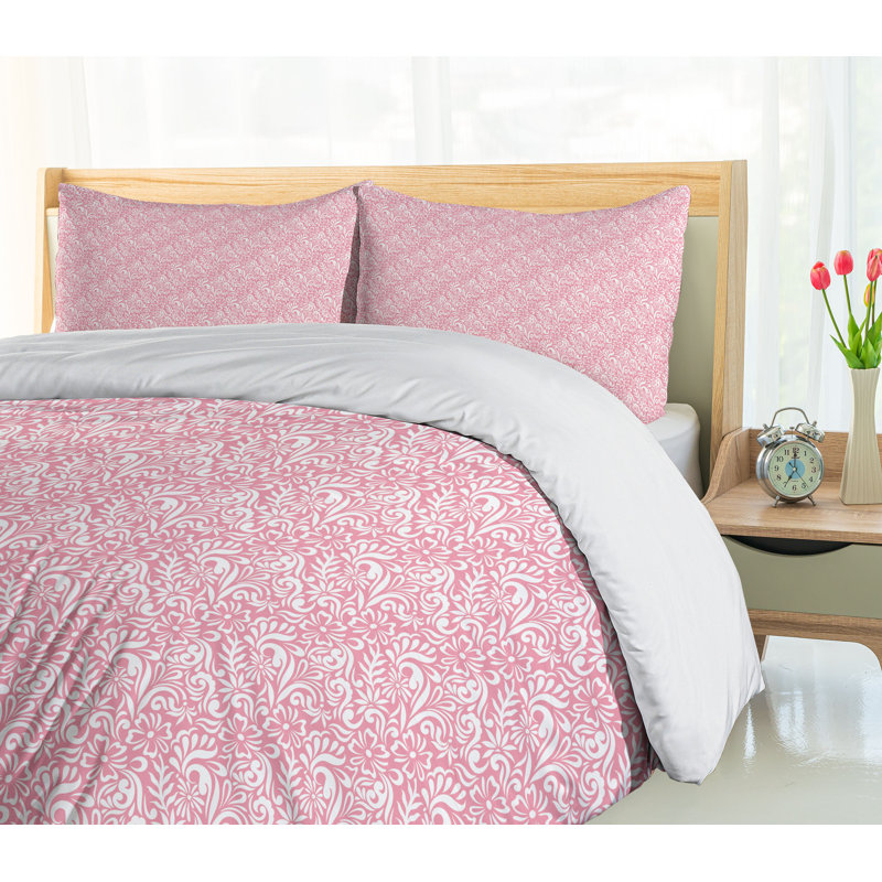 Queen Size Pale Pink and White Damask Duvet Cover Set