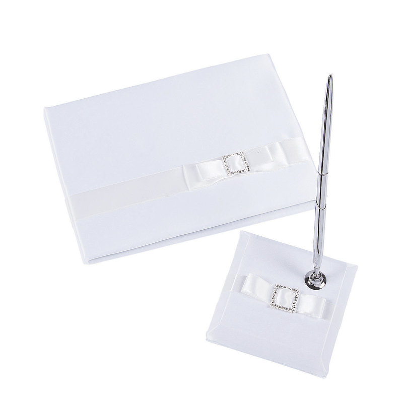 White Satin Wedding Guest Book and Pen Set with Bow Buckle