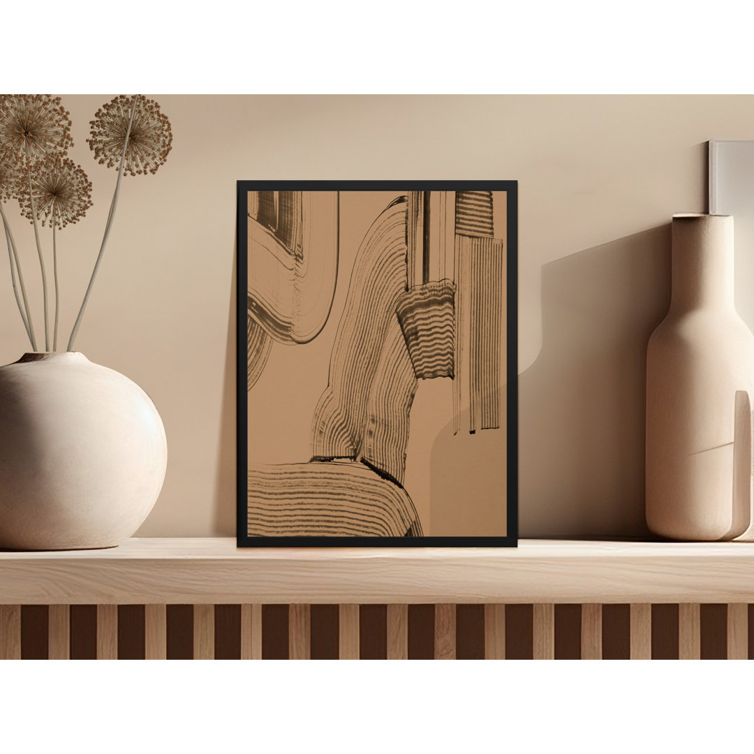 Abstract Form Strokes on Tan Neutral Tone Framed Poster