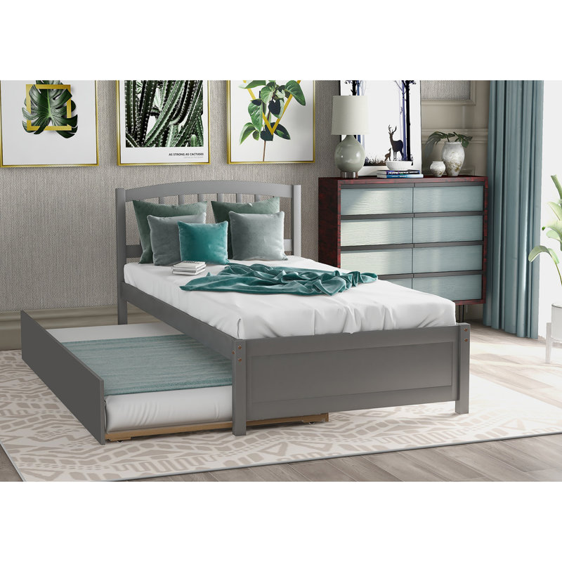 Élégant lit plateforme en bois avec lit gigogne pour chambres modernes et chambres d'amis, Gris