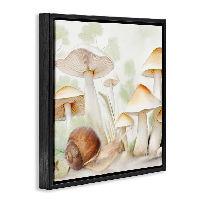 Art mural encadré, "Escargot parmi des champignons" par Kim Allen, H 25 po x l 25 po, Cadre flottant noir de jais