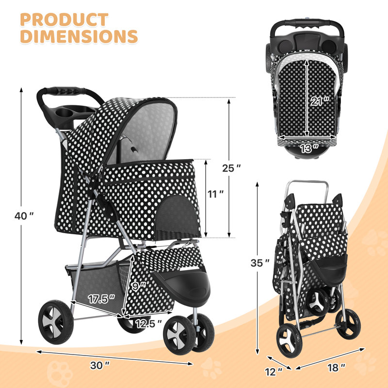 Foldable Pet Dog and Cat Stroller with Adjustable Canopy Storage Basket and Cup Holder for Small and Medium Pets, Black