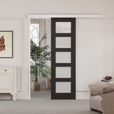 80" Hidden Style Track Black Primed 5-Lite Frosted Glass Sliding Barn Door With Hardware Kit & Soft Close (No Assembly Required)