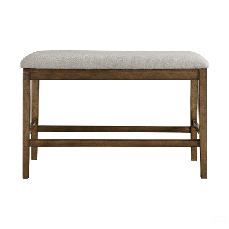Wooden Frame Counter Height Bench Light Oak Finish Mindy Veneer Gray Textured Fabric Upholstery