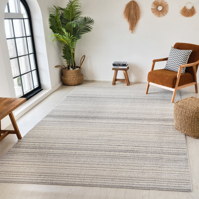 Tapis intérieur rayé gris / beige 7 pi x 10 pi (6 pi 7 po x 9 pi 6 po) Sena Branch Branch, tapis contemporain, à poils courts et résistant aux taches