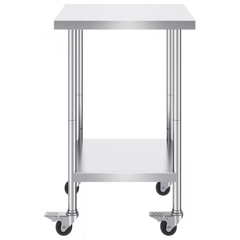 Table de travail en acier inoxydable 24 x 24 x 38 pouces, avec 4 roulettes, 3 niveaux de hauteur réglables, table de travail robuste pour la préparation des aliments pour restaurant de cuisine commerciale, argent