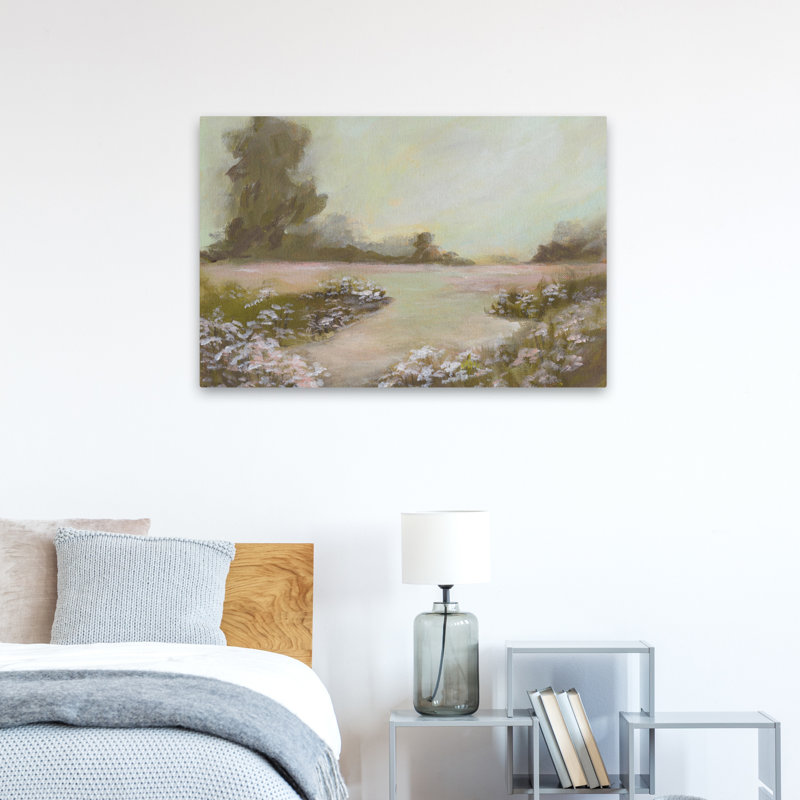 Peaceful Day - Art contemporain vert pastel sur un sentier floral, H 24 po x l 36 po