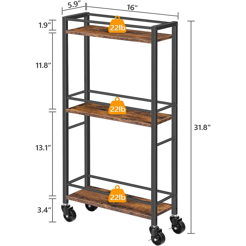 Rustic Brown Slim Rolling Kitchen Cart with Wine Rack