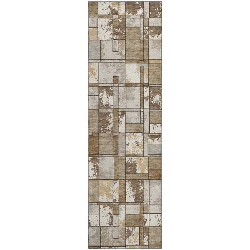 Tapis géométrique de qualité supérieure lavable à la machine Mayfield AMF2442, Brun, Tapis de couloir 2 pi 3 po x 7 pi 6 po