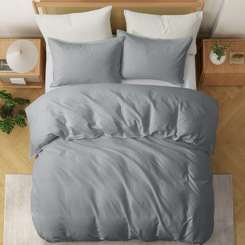 Linen and Cotton Duvet Cover with Pillowcase, King Duvet Cover + 2 King Pillowcases, Gray