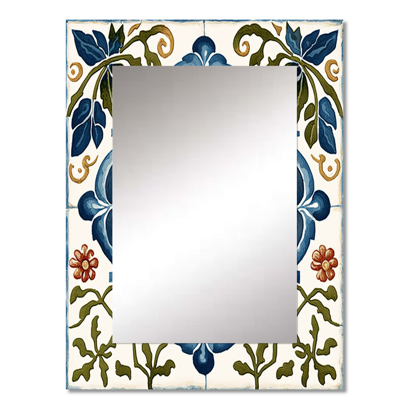 Mediterranean Tiles In Retro Blue I - Tile Mirror, Blue Decorative Wall Mirror, Printed Metal Art, 32" x 24"
