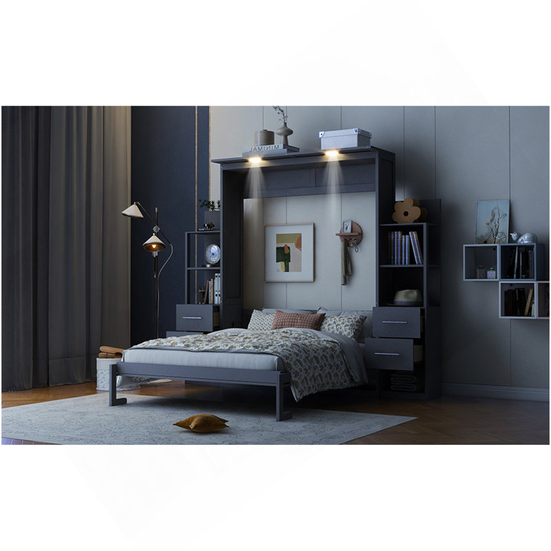 Grand lit escamotable mural avec tablettes, tiroirs et lumières DEL, gris, Grand lit, Gris