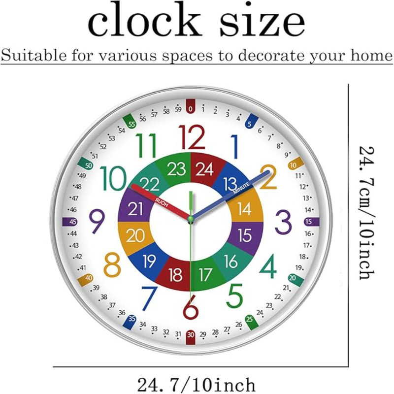 XFM Telling Time Teaching Clock For Kids Colorful Silent Wall Clock For Classroom Small Wall Clock Battery Operated 10 Inch Analog Clock For Kids Learning