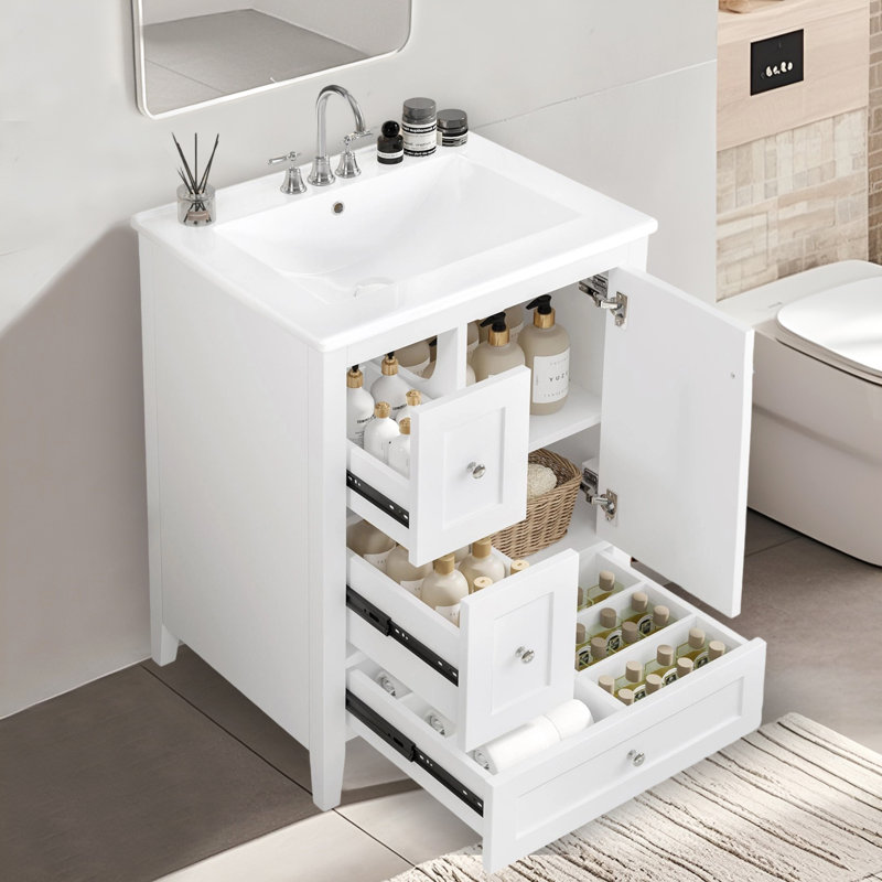 24" Freestanding Bathroom Vanity With Ceramic Sink, White