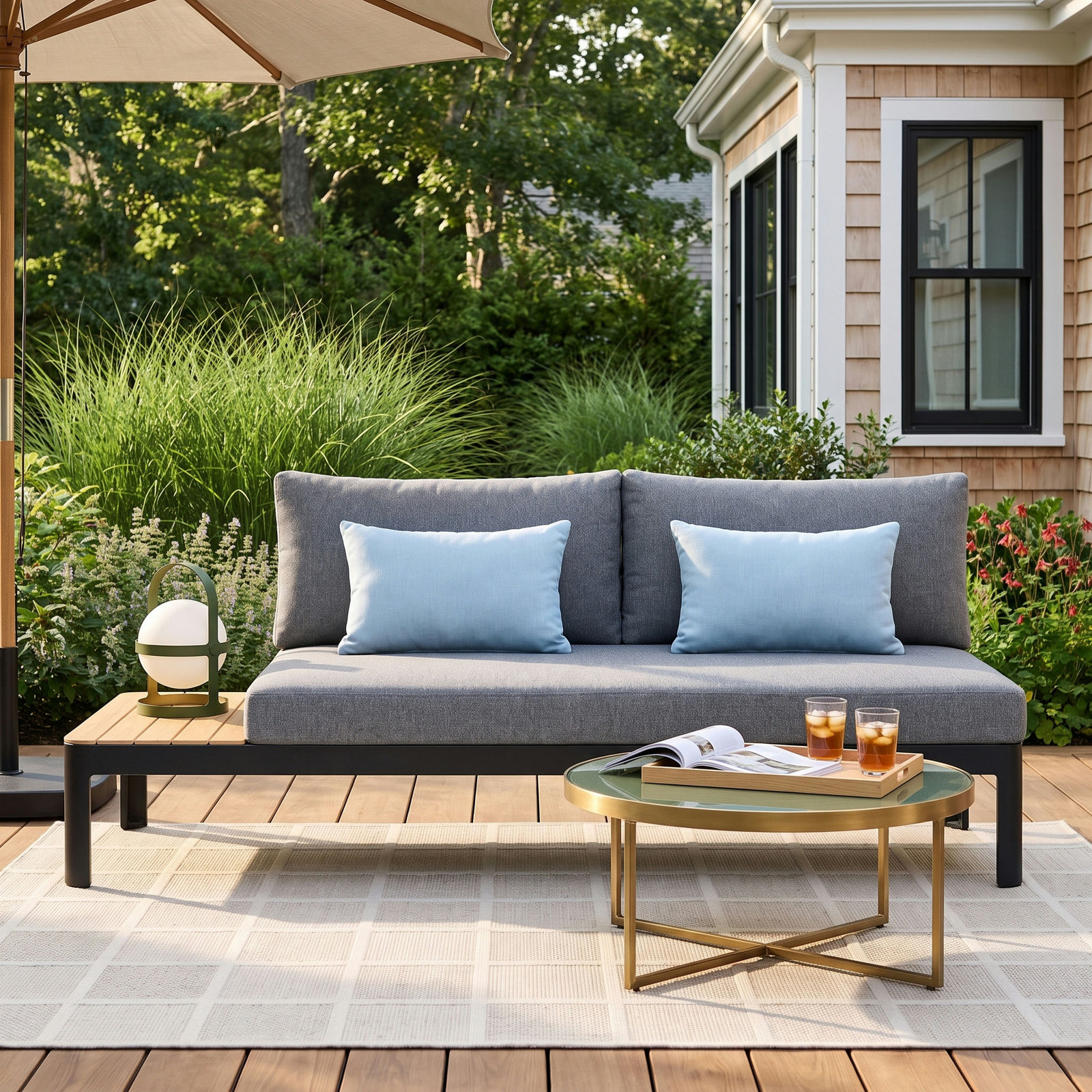 Brix 68" Teak Patio Loveseat, Black Frame/Dark Gray Cushion