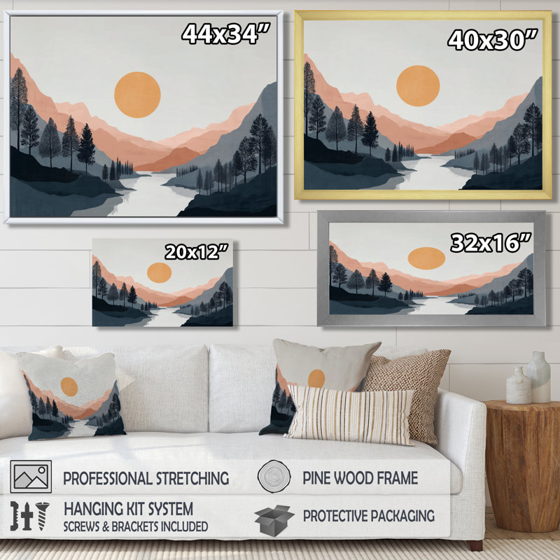 «Sunsetter River Drift Mountains», art sur toile côtier, art mural bord de mer jaune, H 12 po x l 20 po, Cadre photo unique
