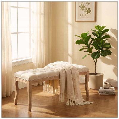 Banc de chambre à coucher, banc d'entrée touffeté de style français rétro, banc de bout de lit tapissier 43,3 po avec pieds en bois vieilli, siège de repose-pieds en lin