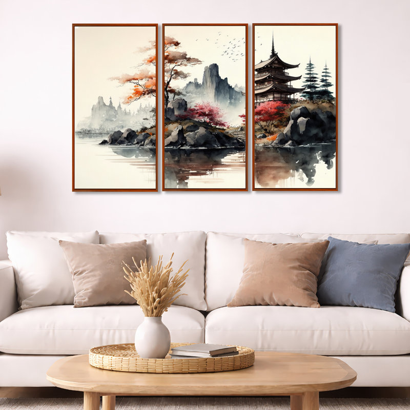 Aquarelle, paysage japonais I - ensemble d'art mural moderne sur toile, H 28 po x l 36 po, Cadre flottant brun