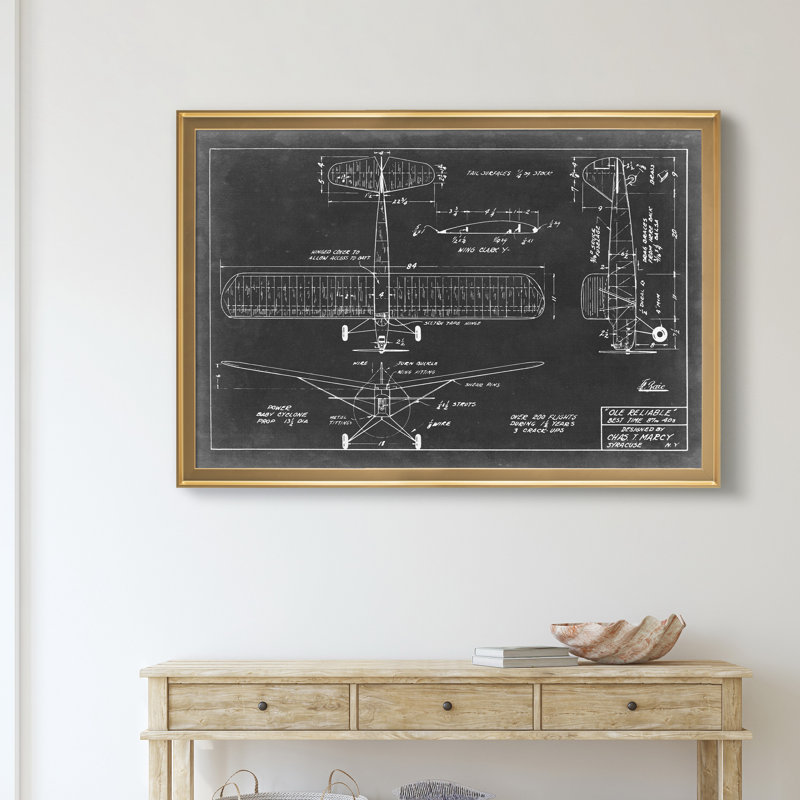 Plan aéronautique VIII - Encadré sous verre acrylique, grand tableau pour salon, H 26,5 po x l 36,5 po x P 1,5 po, Doré
