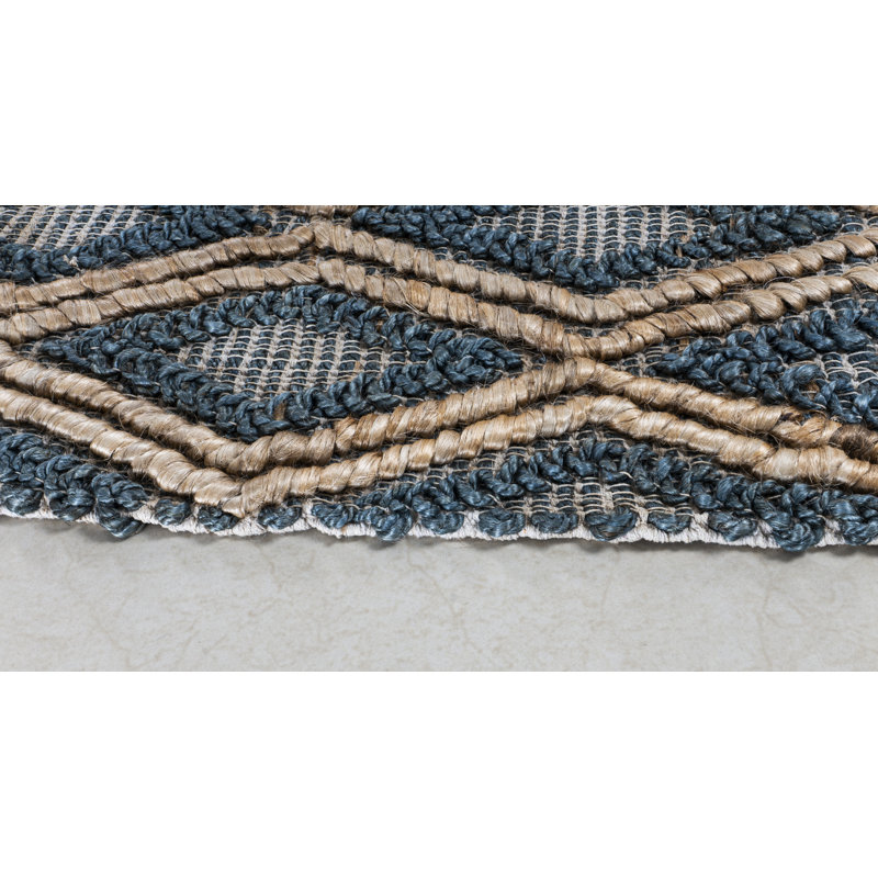Lux Geometric Handmade Flatweave Blue & Brown High/Low Diamond Patterned Jute Area Rug By Tufty Home, Rectangle 5' x 8'