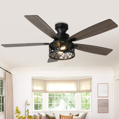 Ventilateur de plafond encastré de style ferme de 52 pouces avec éclairage intégré, 6 vitesses, réversible, profil bas, noir, pour intérieur