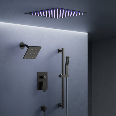 12" LED Ceiling-Mount Pressure-Balanced Rainfall Shower System with 6" Wall Shower Head and Slide Bar Handheld Shower