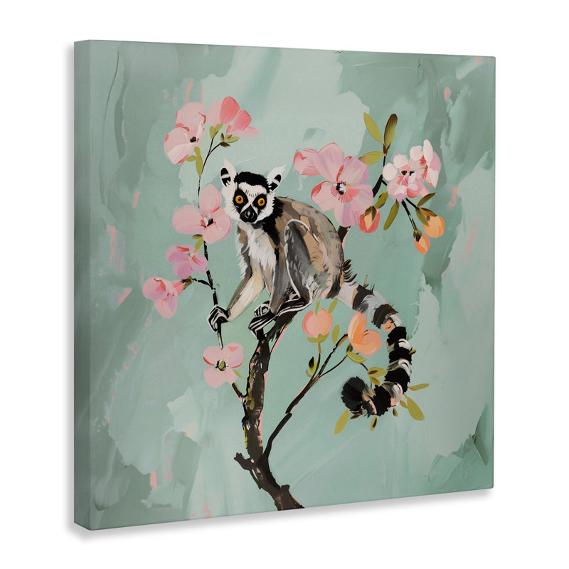 Lémurien perché sur une toile Spring Blooms, design par Amanda Tsoukanelis, H 17 po x l 17 po