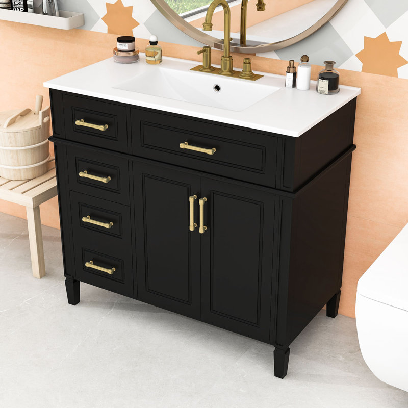 Meuble-lavabo 4 tiroirs avec tablette réglable et lavabo en céramique, Noir