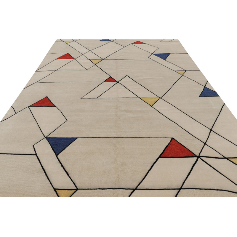 Rug & Kilim’S Mid-Century Modern Rug In Cream With Geometric Patterns, Rectangle 10' x 14'