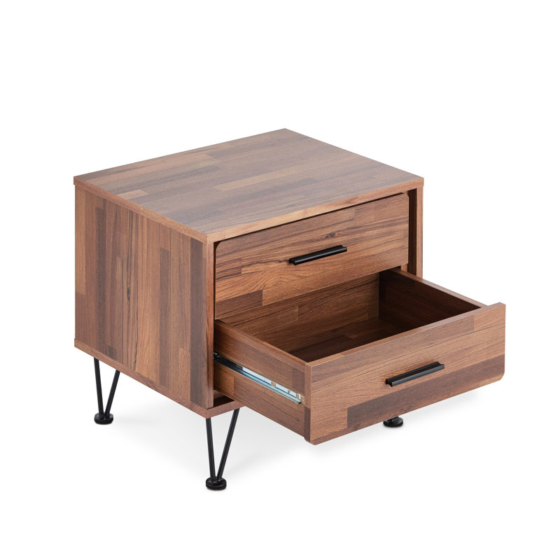 Table d'appoint en noyer avec 2 boîtes à tiroirs et pieds en métal robustes