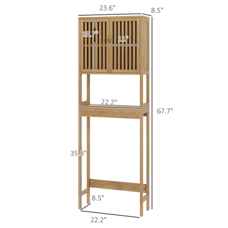 Bamboo Over the Toilet Storage Cabinet, Over Toilet Bathroom Organizer with Slatted Doors, Adjustable Shelf and Open Shelf, Natural