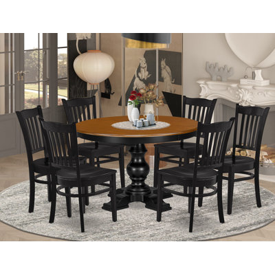 7 Piece Round Dining Room Set, A Solid Wood Table with Extension Leaf and Pedestal Base, 6 Wooden Kitchen Chairs, 48x66 Inch, Easy Assemble, Slatted Back, Black Finish.