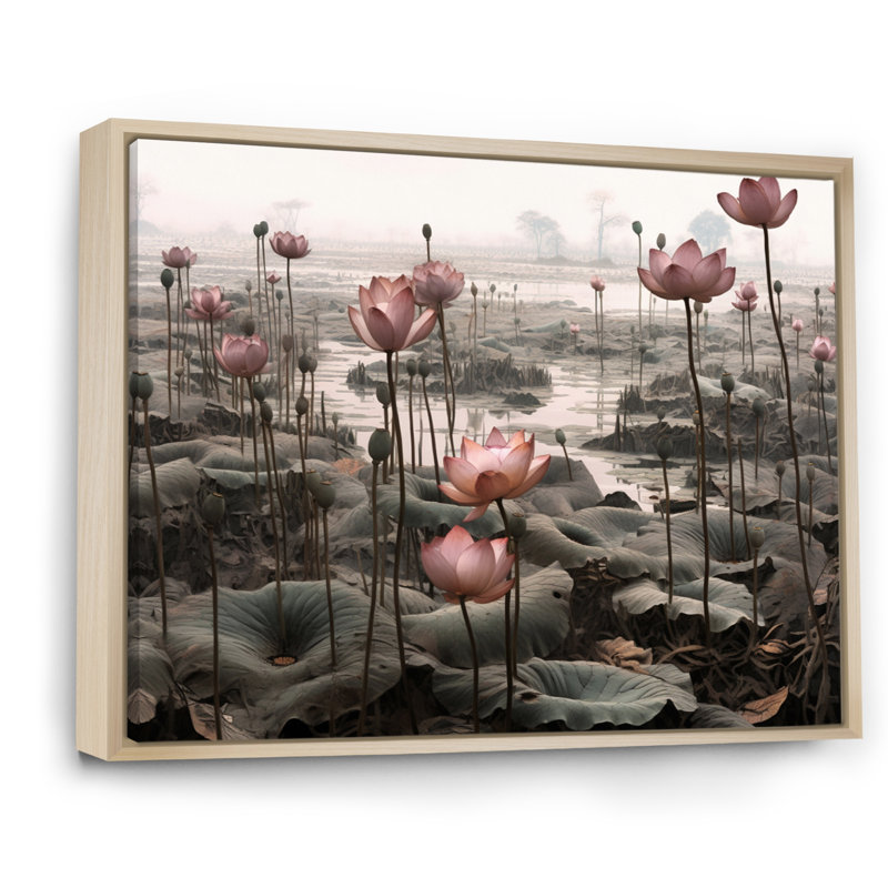 «Grey Pink Lotus Pond» sur toile par John Audubon, H 12 po x l 20 po x P 1 po, Toile naturelle
