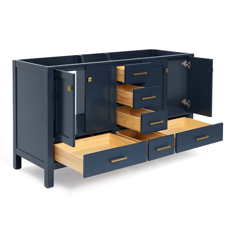 Cambridge 60'' W Double Bathroom Vanity Base, Satin Brass, Midnight Blue