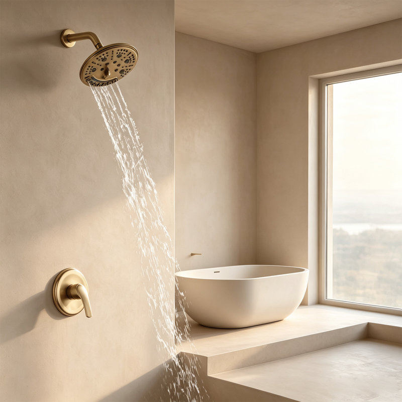 Système de douche à pluie multifonction 8 po avec valve à pression équilibrée, or brossé