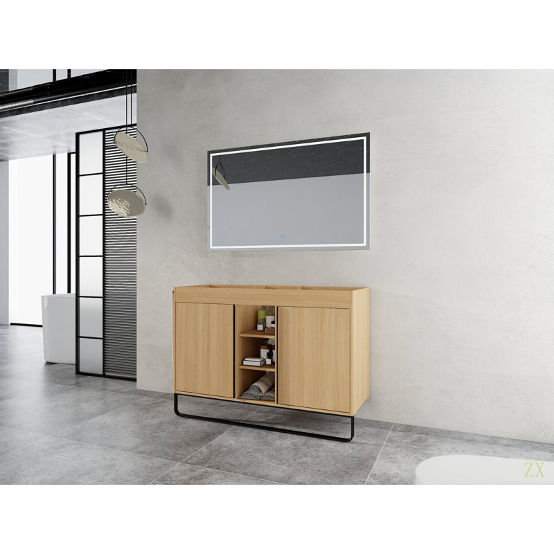 Armoire de salle de bain autoportante 48 po, 2 portes à fermeture douce et 3 tablettes de rangement ouvertes, emballage KD (meuble-lavabo seulement, sans lavabo)