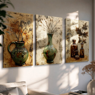 Tableau moderne rustique en trois parties, motif de feuilles d'érable et bouteilles brunes, sur toile, 40 x 90 cm (16 x 36 pouces), idéal pour la chambre ou le salon.