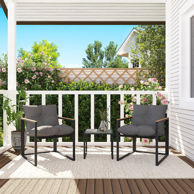 3-Piece Courtyard Dialogue Outdoor All-Weather Wicker Furniture With A Table And Cushions, Gray