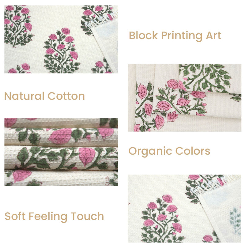 Block Print Waffle Weave Set of 10, 100% Cotton Fabric 17X32 Inch Floral Hand Towel, Pink