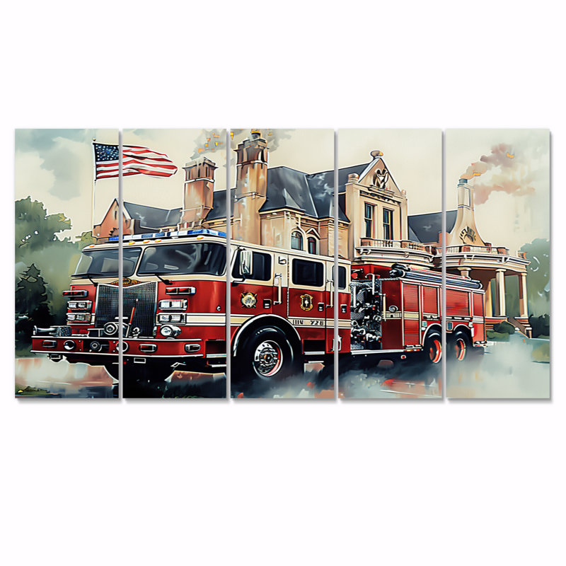 Camion de pompiers dans les Hamptons I - ensemble de reproductions d'art mural pompier, H 32 po x l 80 po