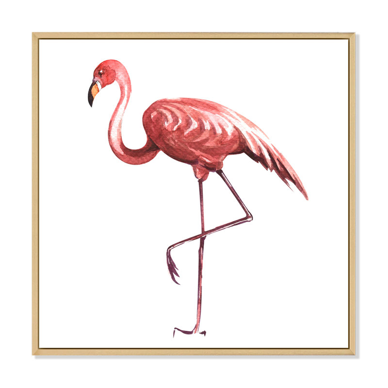 Flamant rose sur une patte - reproduction sur toile, H 16 po x l 16 po x P 1 po, Cadre flottant en érable