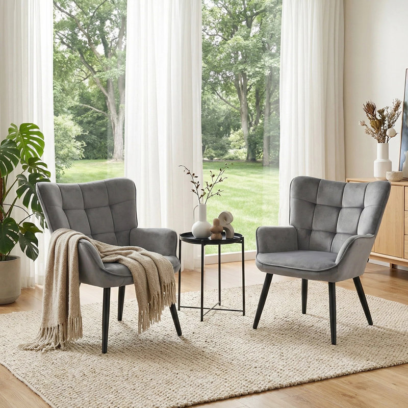  Modern Mid Century Accent Chair with Backrest & Metal Legs, Wingback Barrel Chair for Living Room Bedroom Home Office Vanity Room