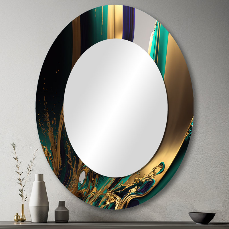 Agate verte et dorée III - Miroir décoratif abstrait ovale sur métal, 43 po x 33 po